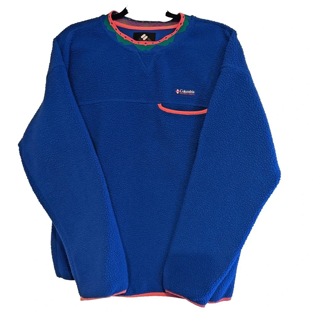 Vtg Columbia‎ fleece pullover aztec sothwestern trim neon blue L